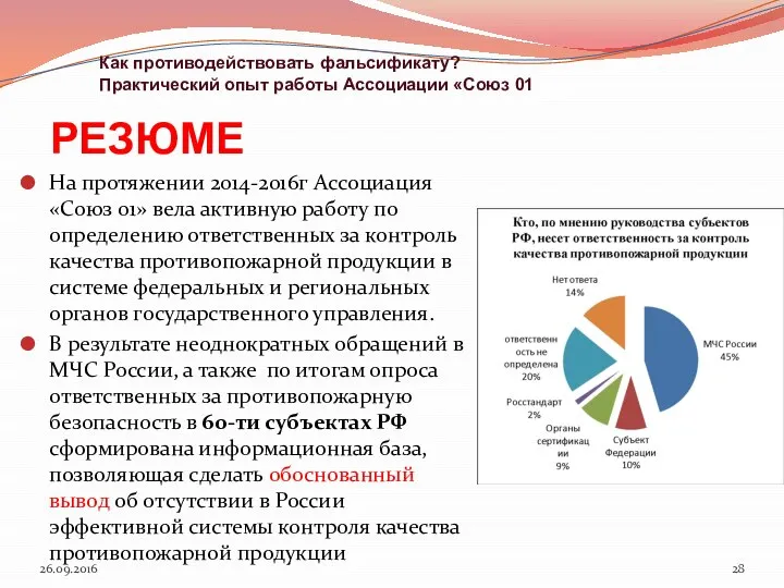 На протяжении 2014-2016г Ассоциация «Союз 01» вела активную работу по определению