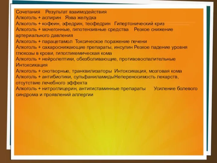 Сочетания Результат взаимодействия Алкоголь + аспирин Язва желудка Алкоголь + кофеин,