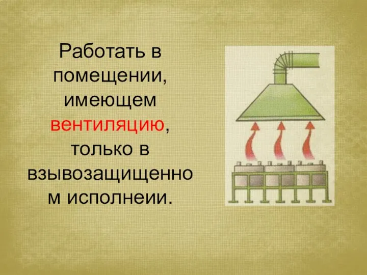 Работать в помещении, имеющем вентиляцию, только в взывозащищенном исполнеии.