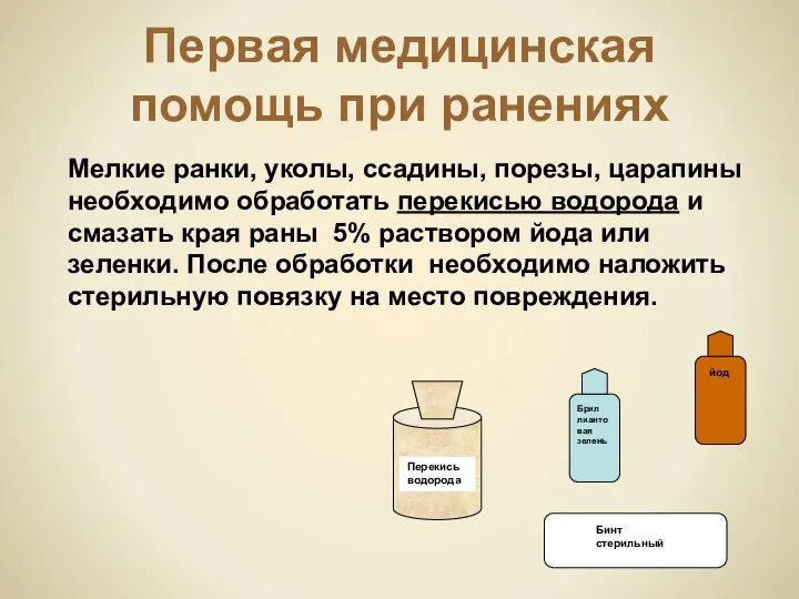 Мелкие ранки, уколы, ссадины, порезы, царапины необходимо обработать перекисью водорода и