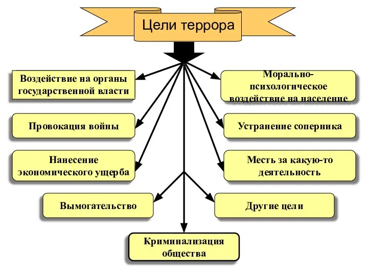 Цели террора Морально-психологическое воздействие на население Провокация войны Устранение соперника Нанесение