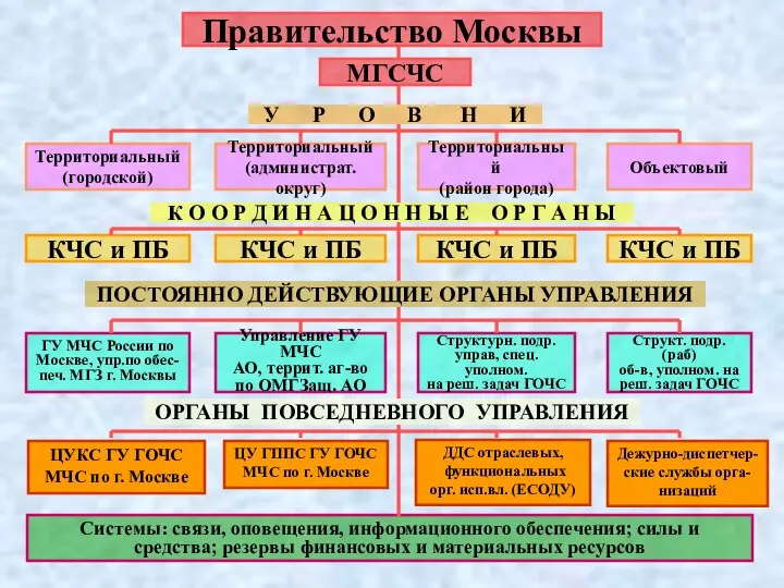 Правительство Москвы МГСЧС Территориальный (городской) Территориальный (администрат. округ) Территориальный (район города)