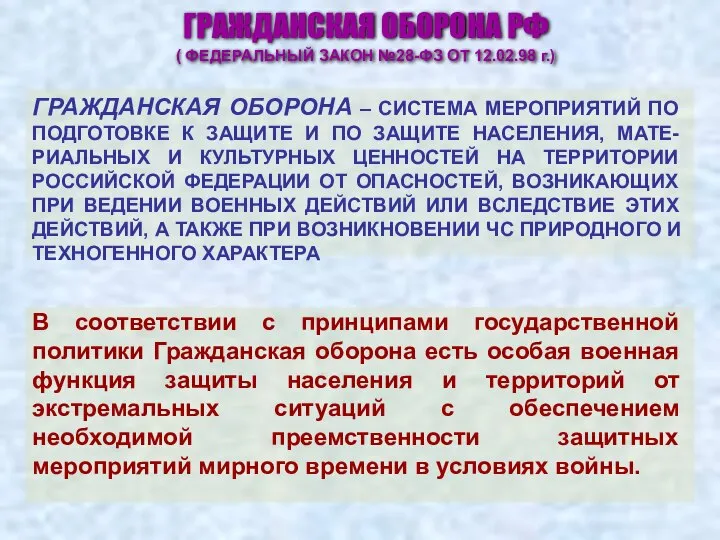 ГРАЖДАНСКАЯ ОБОРОНА РФ ( ФЕДЕРАЛЬНЫЙ ЗАКОН №28-ФЗ ОТ 12.02.98 г.)