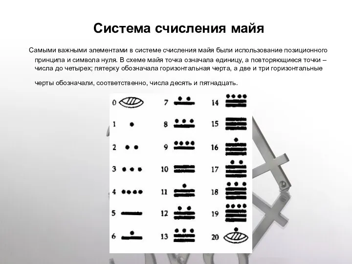 Система счисления майя Самыми важными элементами в системе счисления майя были