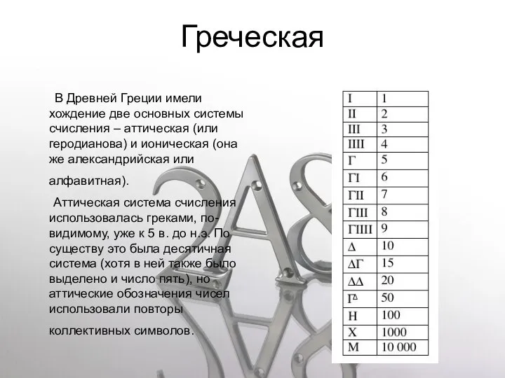 Греческая В Древней Греции имели хождение две основных системы счисления –