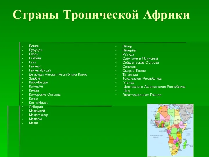 Страны Тропической Африки Бенин Бурунди Габон Гамбия Гана Гвинея Гвинея-Бисау Демократическая