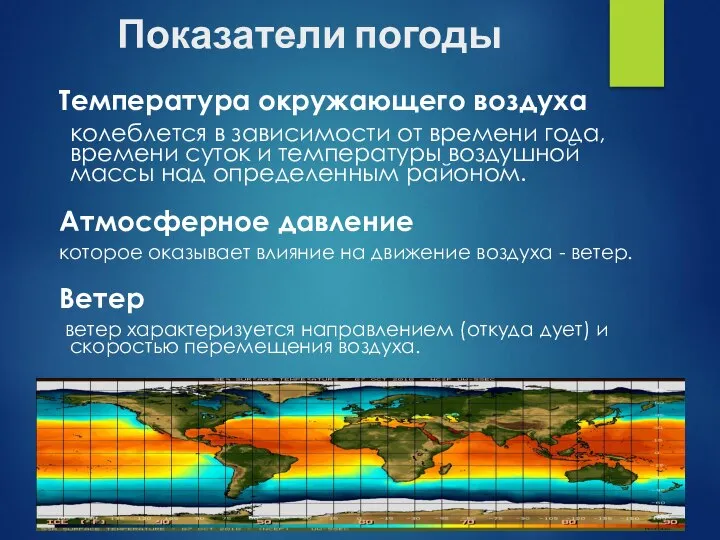 Показатели погоды Температура окружающего воздуха колеблется в зависимости от времени года,