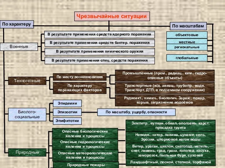 Чрезвычайные ситуации По характеру По масштабам Военные Техногенные Биолого-социальные Природные В