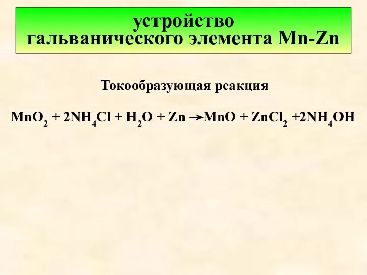 устройство гальванического элемента Mn-Zn MnO2 + 2NH4Cl + H2O + Zn