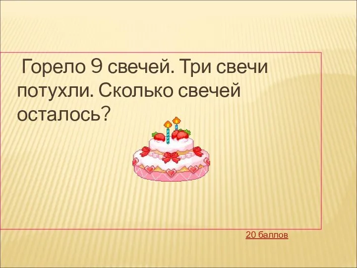 Горело 9 свечей. Три свечи потухли. Сколько свечей осталось? 20 баллов