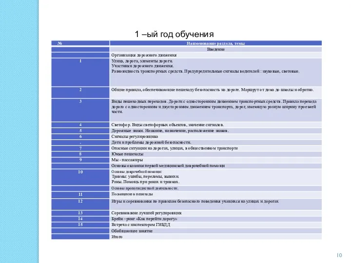 Основное содержание программы 1 –ый год обучения