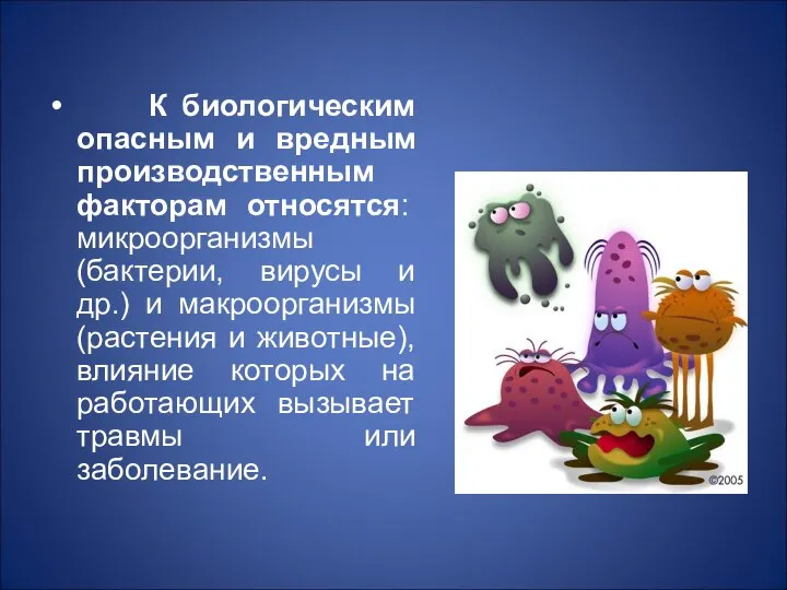 К биологическим опасным и вредным производственным факторам относятся: микроорганизмы (бактерии, вирусы