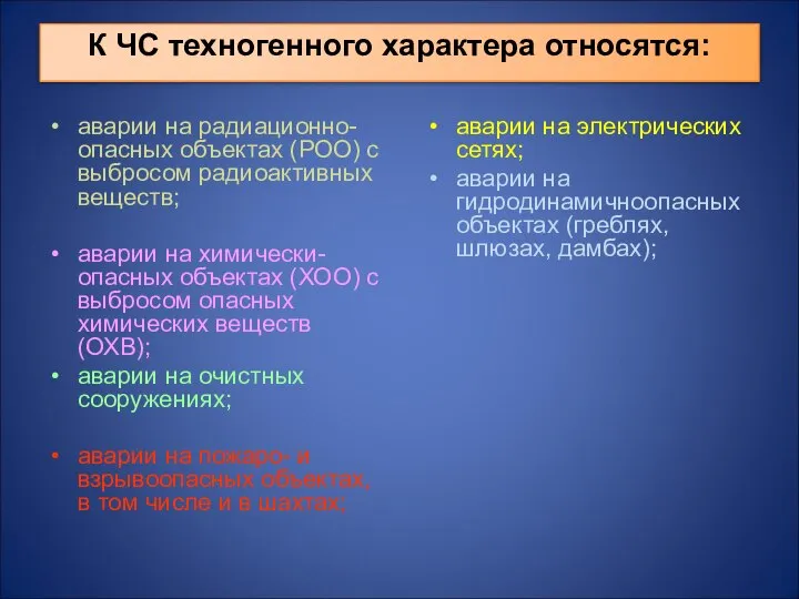 К ЧС техногенного характера относятся: аварии на радиационно-опасных объектах (РОО) с