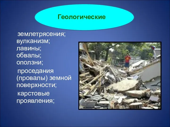 землетрясения; вулканизм; лавины; обвалы; оползни; проседания (провалы) земной поверхности; карстовые проявления; Геологические