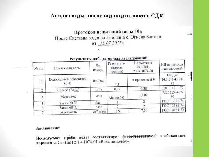 Анализ воды после водоподготовки в СДК