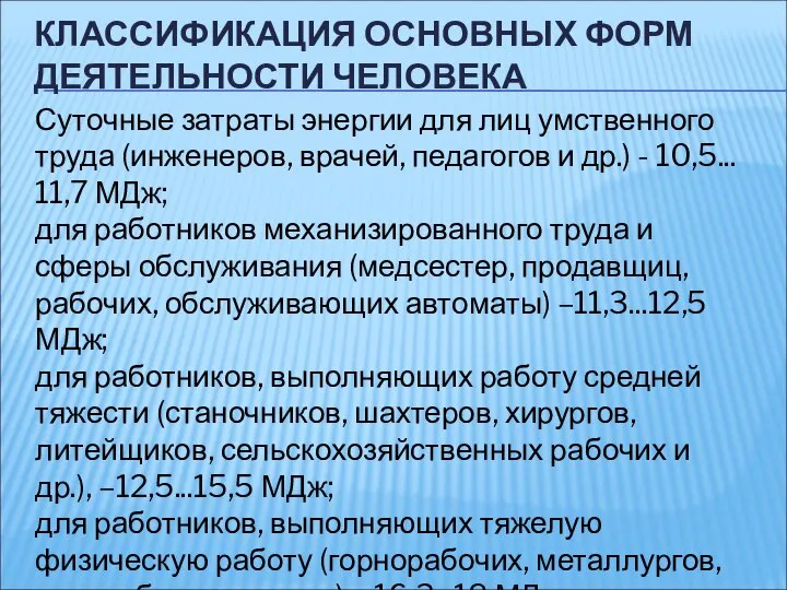 КЛАССИФИКАЦИЯ ОСНОВНЫХ ФОРМ ДЕЯТЕЛЬНОСТИ ЧЕЛОВЕКА Суточные затраты энергии для лиц умственного