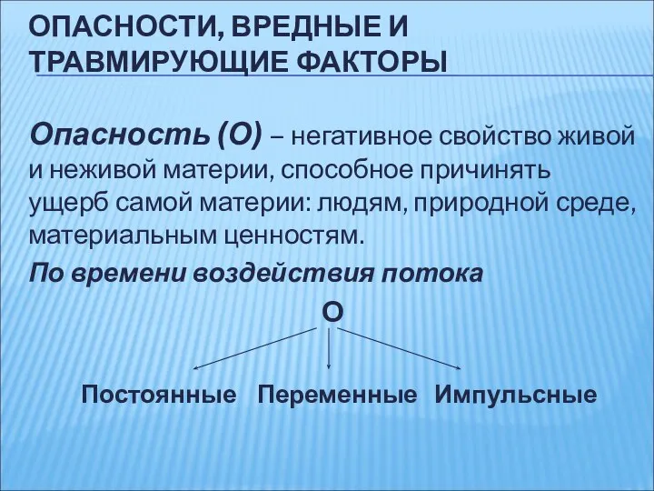 ОПАСНОСТИ, ВРЕДНЫЕ И ТРАВМИРУЮЩИЕ ФАКТОРЫ Опасность (О) – негативное свойство живой