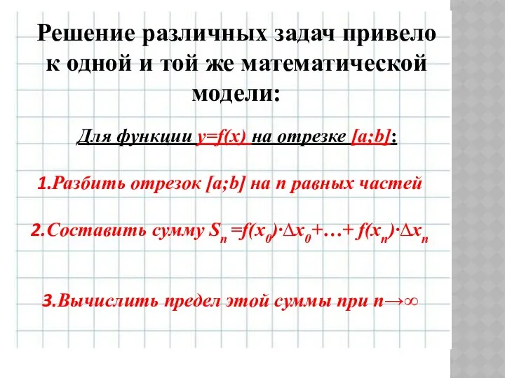 Для функции y=f(x) на отрезке [a;b]: Разбить отрезок [a;b] на n