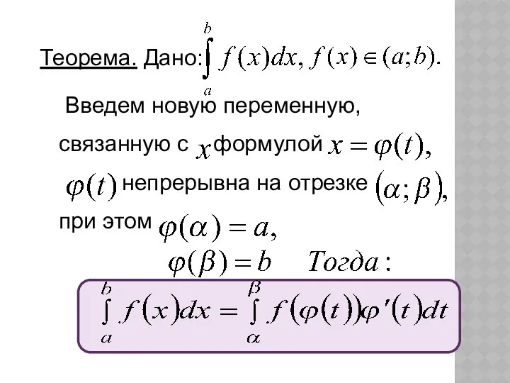 Теорема. Дано: Введем новую переменную, связанную с формулой b непрерывна на отрезке при этом