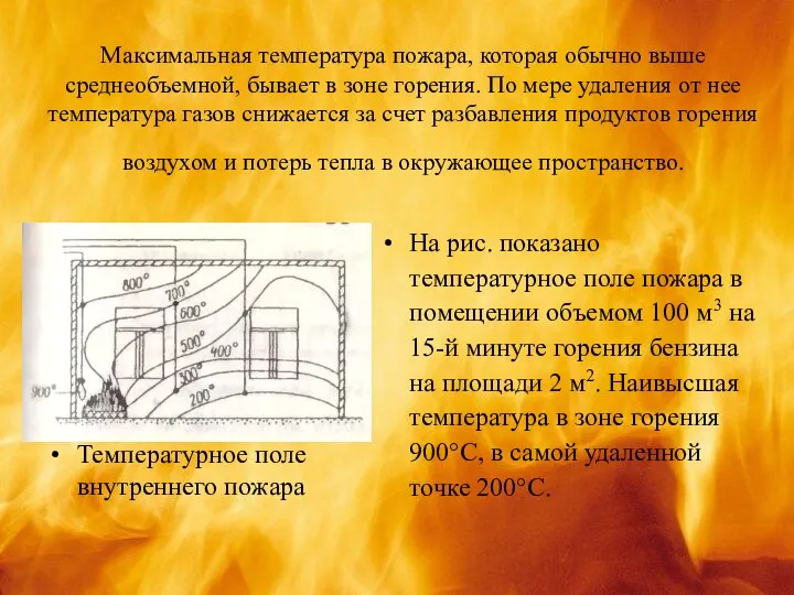 Максимальная температура пожара, которая обычно выше среднеобъемной, бывает в зоне горения.