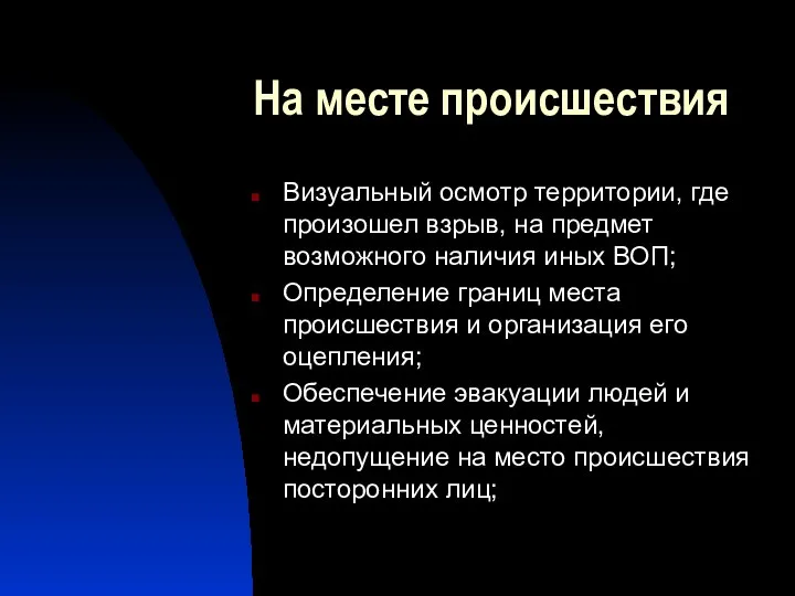 На месте происшествия Визуальный осмотр территории, где произошел взрыв, на предмет