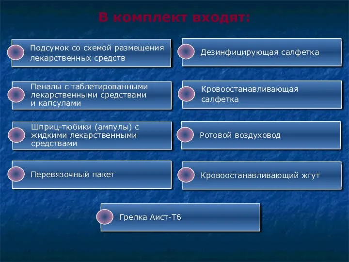 В комплект входят: Подсумок со схемой размещения лекарственных средств Пеналы с