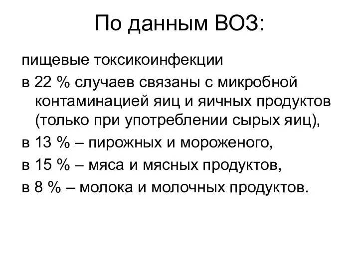 По данным ВОЗ: пищевые токсикоинфекции в 22 % случаев связаны с