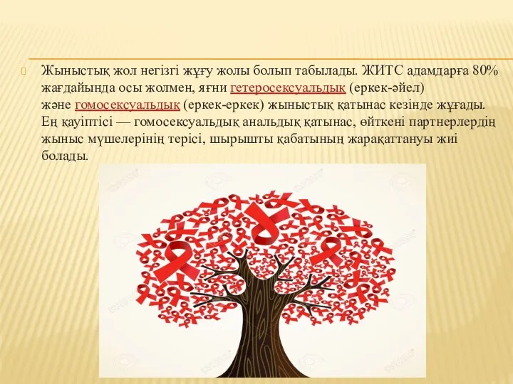 Жыныстық жол негізгі жұғу жолы болып табылады. ЖИТС адамдарға 80% жағдайында