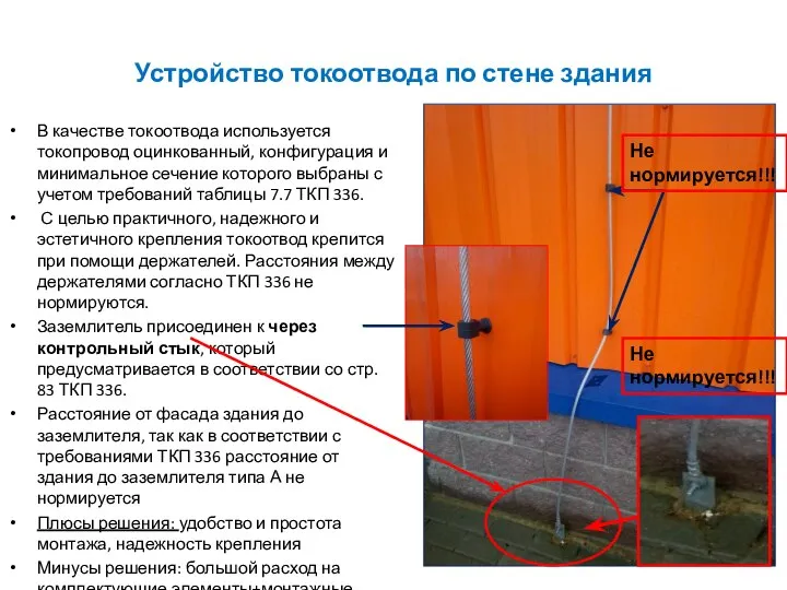 Устройство токоотвода по стене здания В качестве токоотвода используется токопровод оцинкованный,