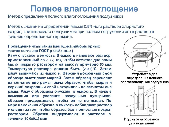 Полное влагопоглощение Метод определения полного влагопоглощения подгузников Метод основан на определении