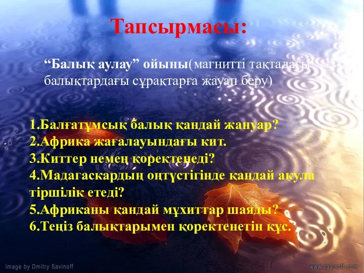 1.Балғатұмсық балық қандай жануар? 2.Африка жағалауындағы кит. 3.Киттер немен қоректенеді? 4.Мадагаскардың