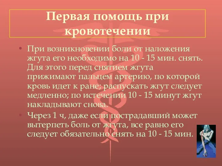 Первая помощь при кровотечении При возникновении боли от наложения жгута его