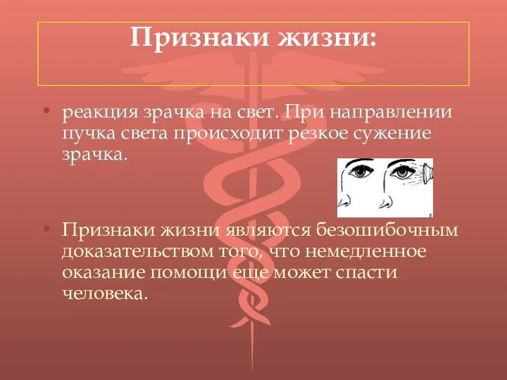 Признаки жизни: реакция зрачка на свет. При направлении пучка света происходит