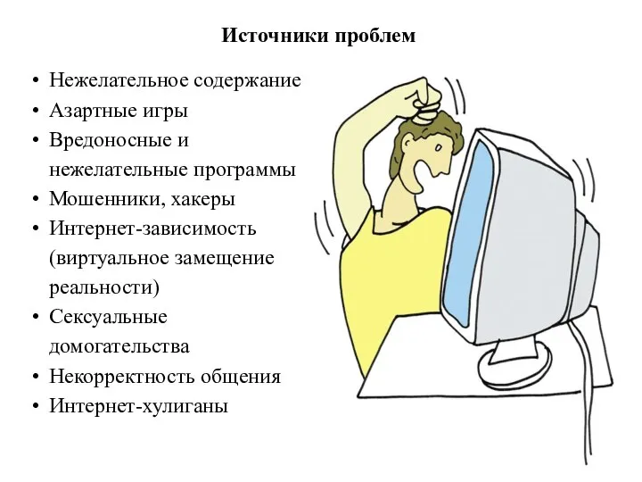 Нежелательное содержание Азартные игры Вредоносные и нежелательные программы Мошенники, хакеры Интернет-зависимость