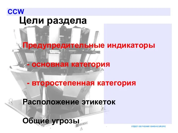 Цели раздела Предупредительные индикаторы - основная категория - второстепенная категория Расположение этикеток Общие угрозы CCW