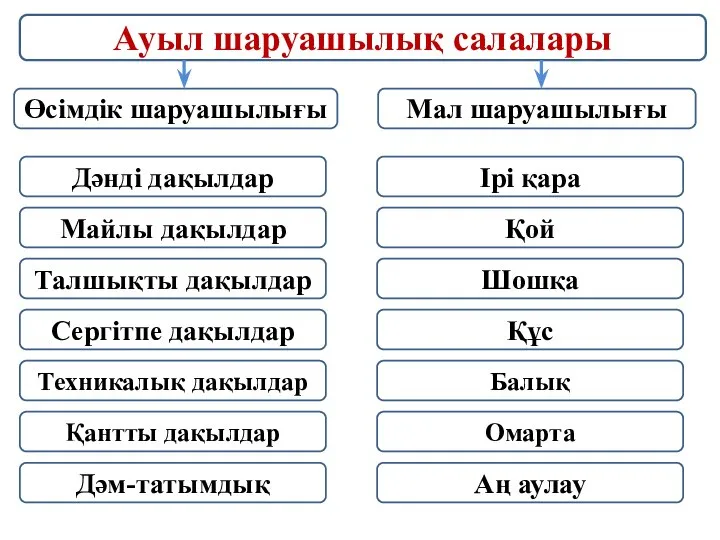 Ауыл шаруашылық салалары Өсімдік шаруашылығы Мал шаруашылығы Дәнді дақылдар Майлы дақылдар