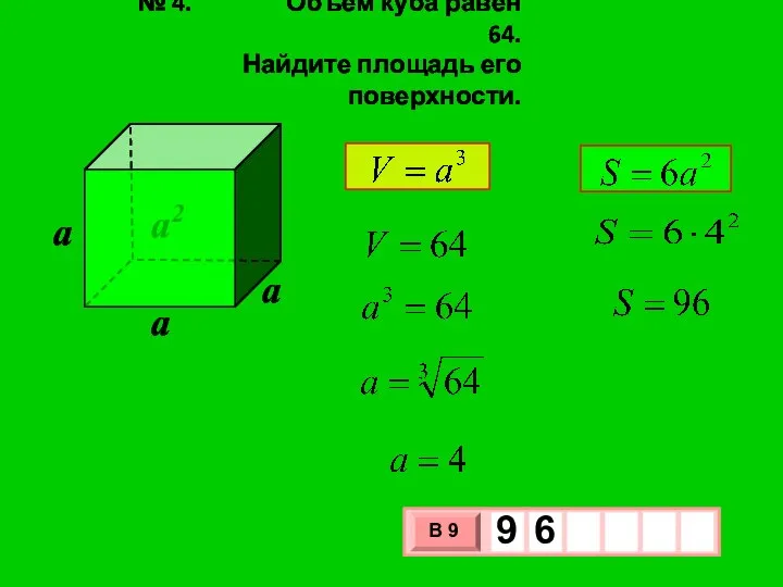 № 4. Объем куба равен 64. Найдите площадь его поверхности. a2