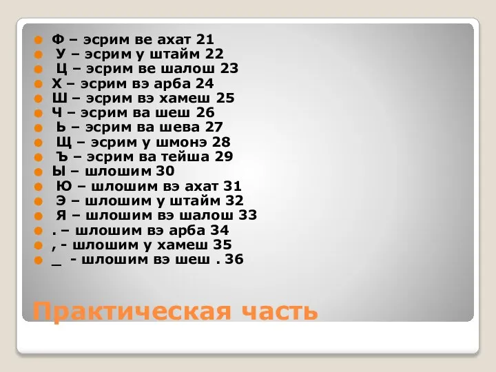 Практическая часть Ф – эсрим ве ахат 21 У – эсрим