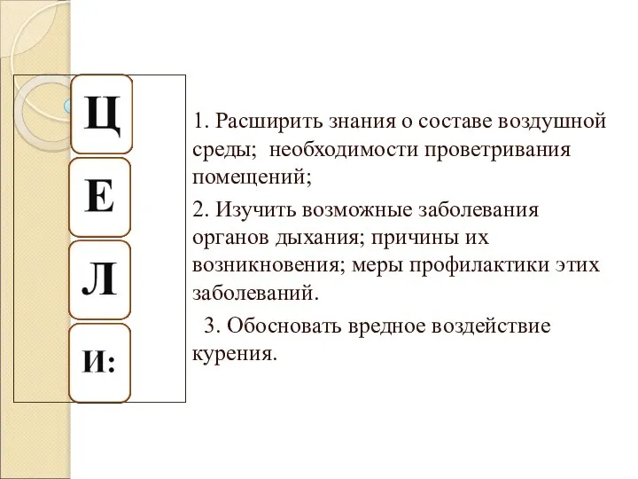 1. Расширить знания о составе воздушной среды; необходимости проветривания помещений; 2.