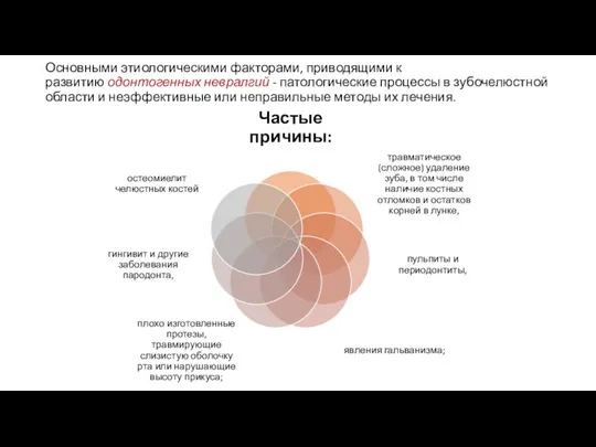 Основными этиологическими факторами, приводящими к развитию одонтогенных невралгий - патологические процессы