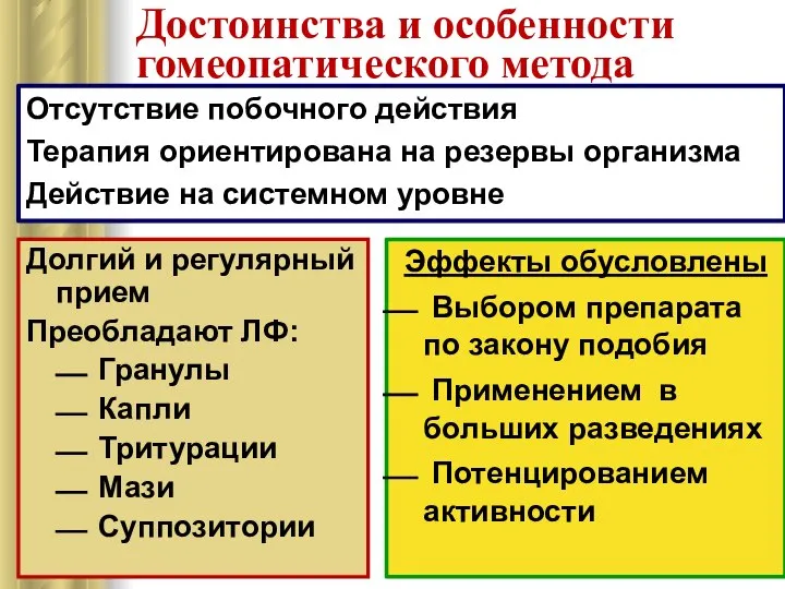 Достоинства и особенности гомеопатического метода Отсутствие побочного действия Терапия ориентирована на