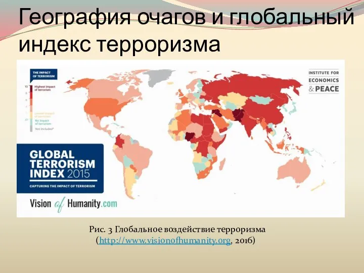 География очагов и глобальный индекс терроризма Рис. 3 Глобальное воздействие терроризма (http://www.visionofhumanity.org, 2016)