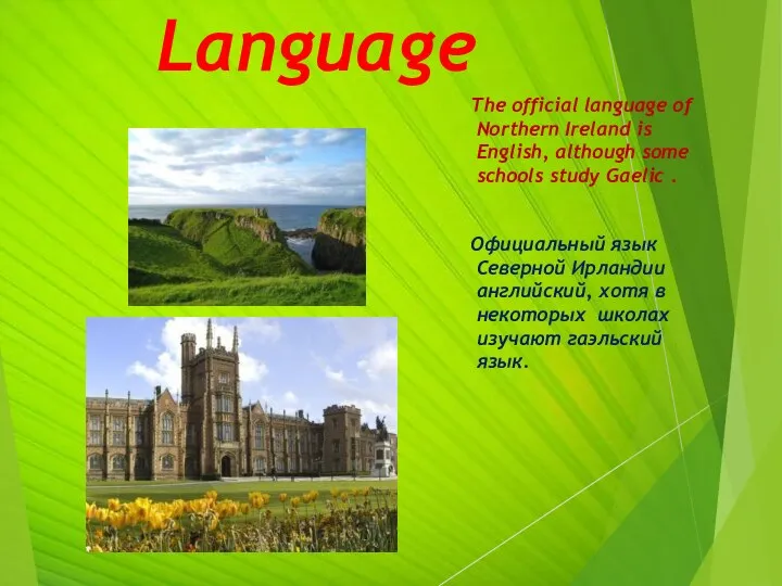 Language The official language of Northern Ireland is English, although some