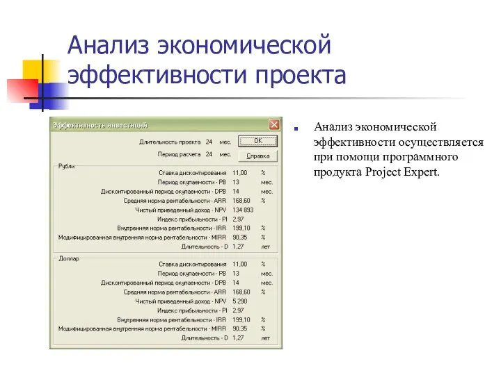 Анализ экономической эффективности проекта Анализ экономической эффективности осуществляется при помощи программного продукта Project Expert.