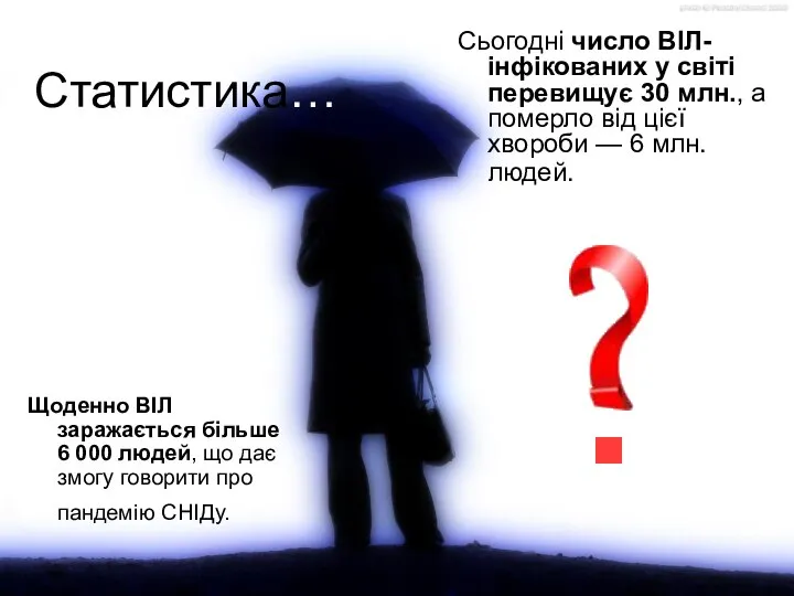 Статистика… Сьогодні число ВІЛ-інфікованих у світі перевищує 30 млн., а померло