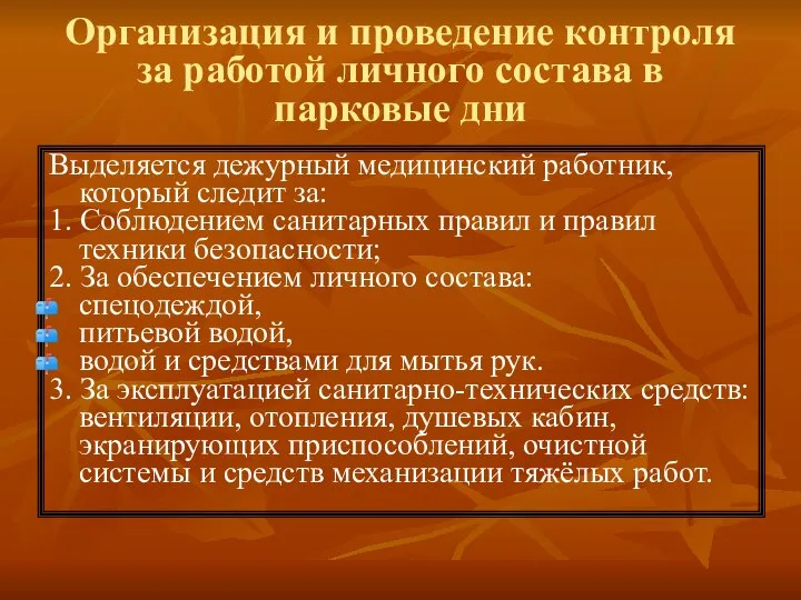 Организация и проведение контроля за работой личного состава в парковые дни