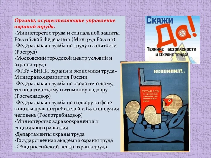 Органы, осуществляющие управление охраной труда. -Министерство труда и социальной защиты Российской