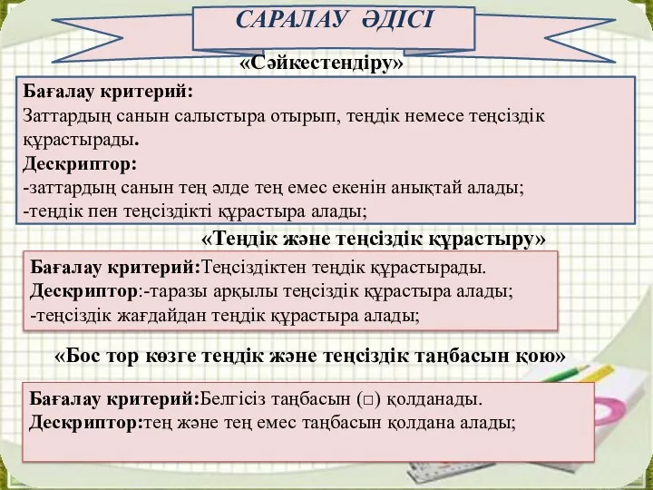 САРАЛАУ ӘДІСІ Бағалау критерий: Заттардың санын салыстыра отырып, теңдік немесе теңсіздік