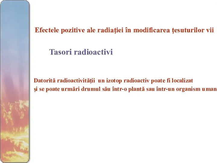 Efectele pozitive ale radiaţiei în modificarea ţesuturilor vii Tasori radioactivi Datorită