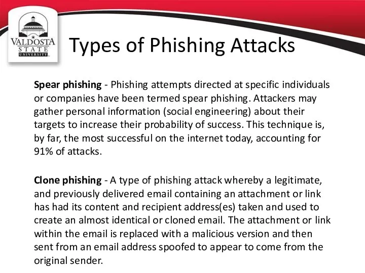 Types of Phishing Attacks Spear phishing - Phishing attempts directed at